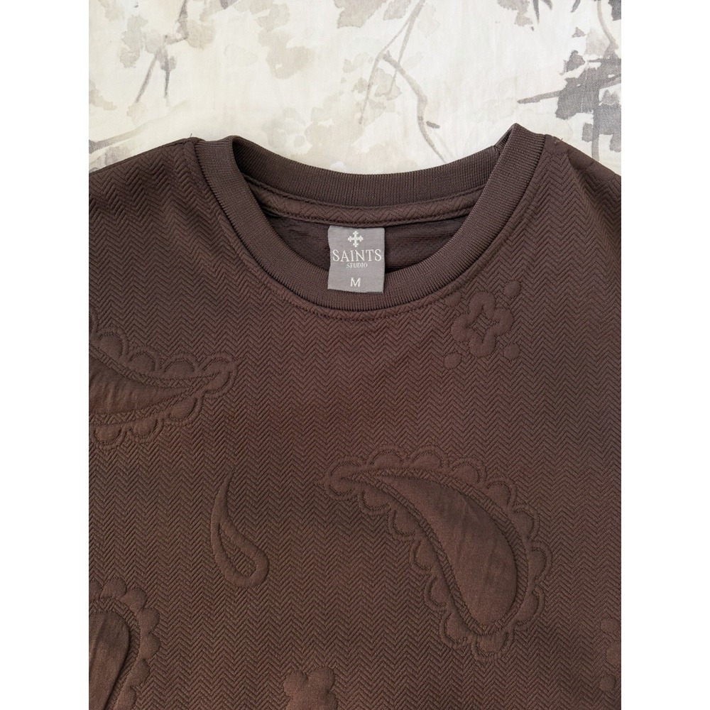 SAINTS Studio Luxury T Shirt Textured Embossed Paisley Herringbone Chocolate Med